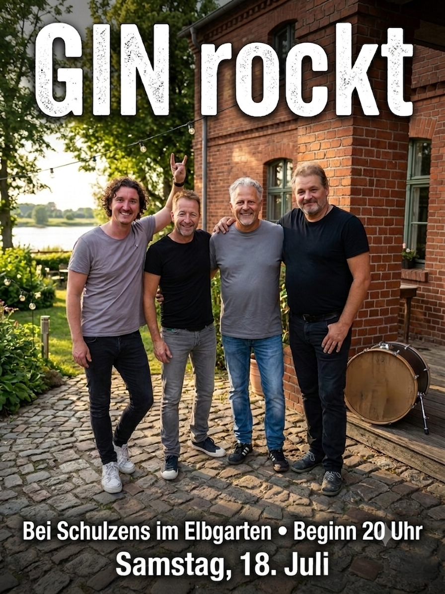 Plakat mit der Band drauf im Garten stehend